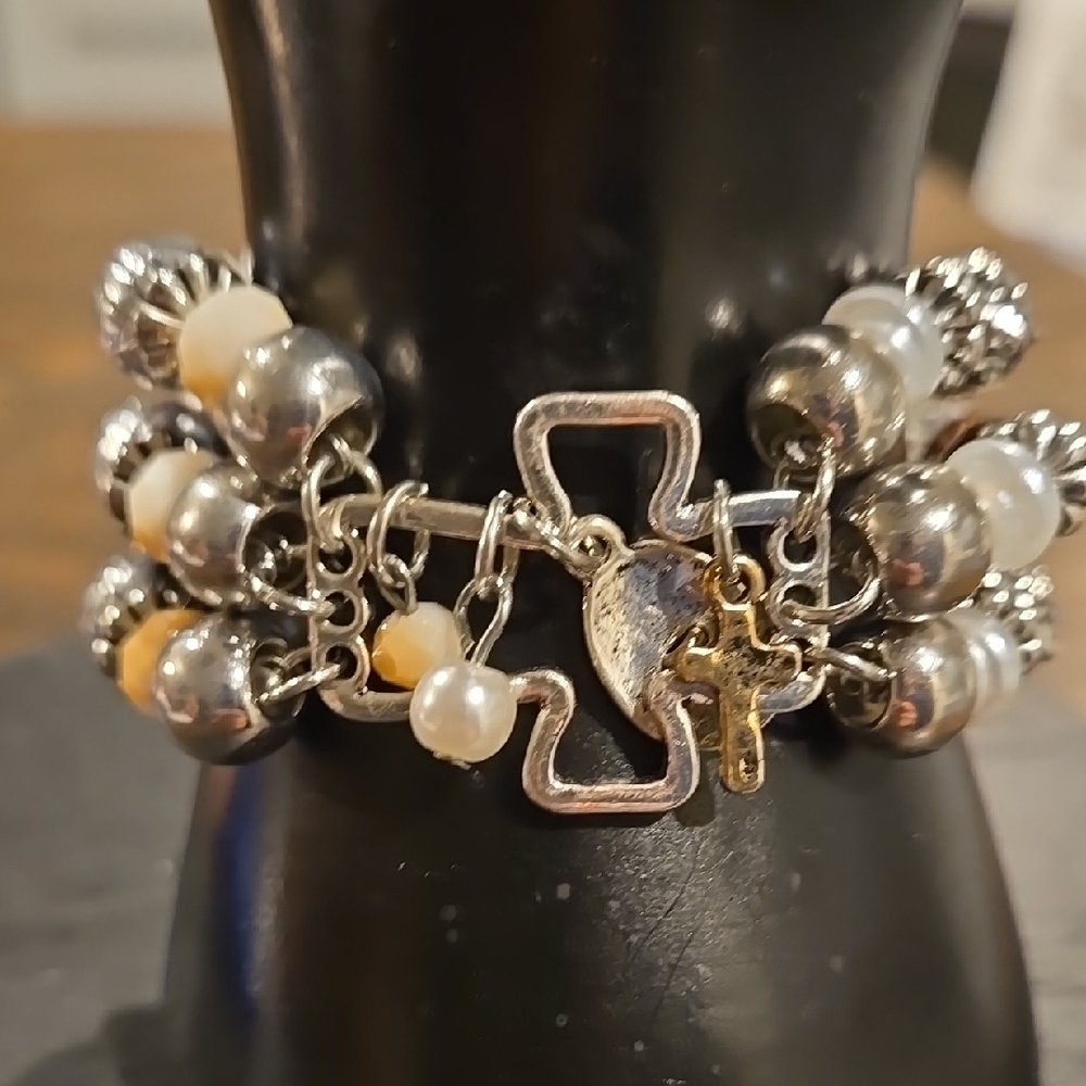 Fashion Nova Silver Plated Beaded Bracelet With Center Cross and Charms